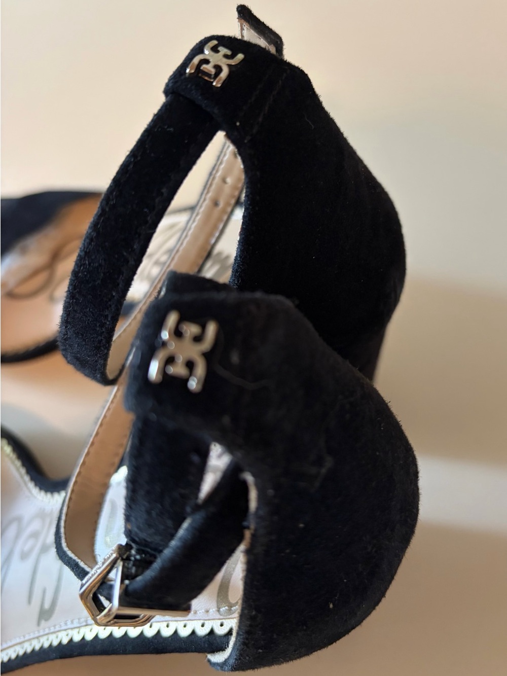 Sam Edelman Black Scalloped Suede Ankle-Strap Block Heels - Picture 3 of 6